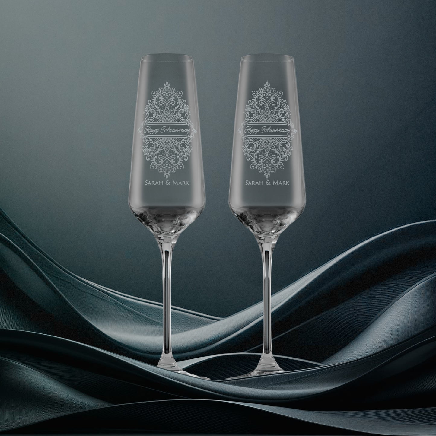 Pair Engraved Anniversary Champagne Flutes - The Guipure Edition