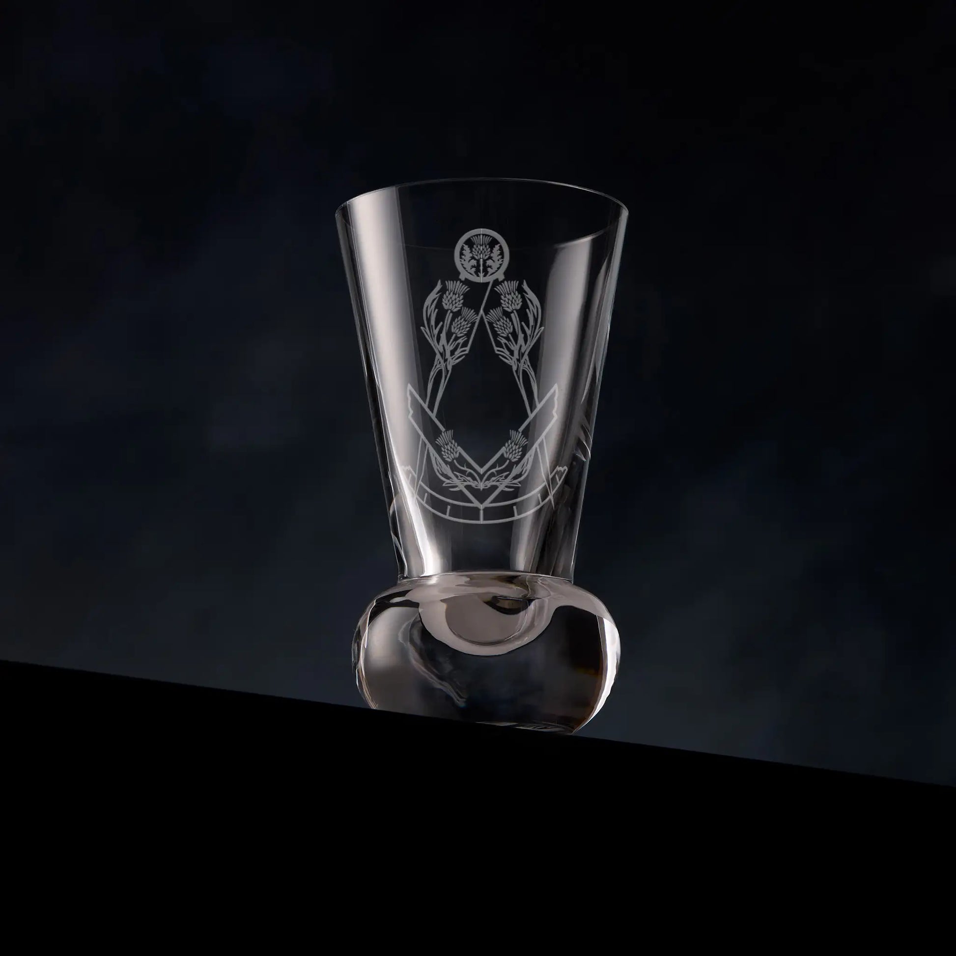 Firing glass engraved Scottish Constitution Immediate Past Master collar jewel on dark background