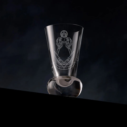 Firing glass engraved Scottish Constitution Immediate Past Master collar jewel on dark background
