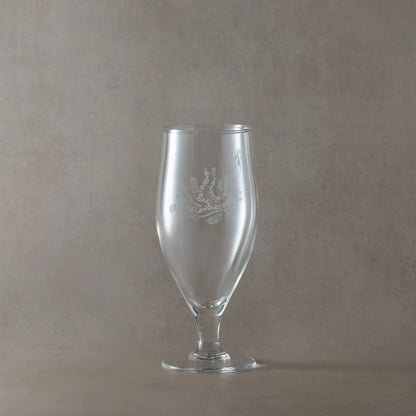 380ml stemmed beer glass engraved with a peacock, shown on a pale background