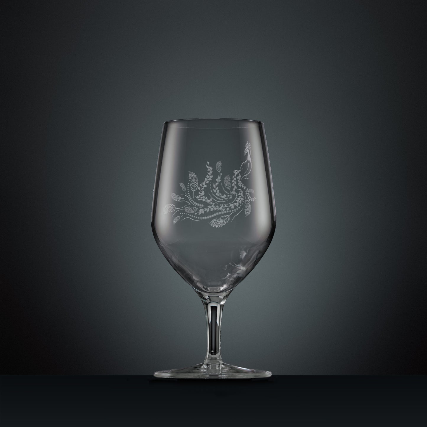 Engraved mineral water glass with peacock and trailing leaves illustration