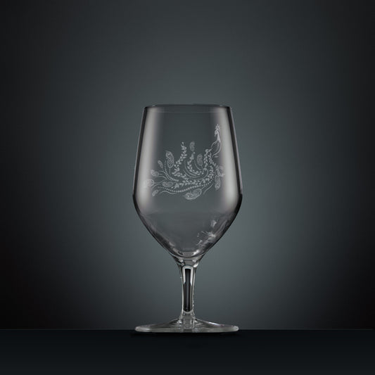 Engraved mineral water glass with peacock and trailing leaves illustration