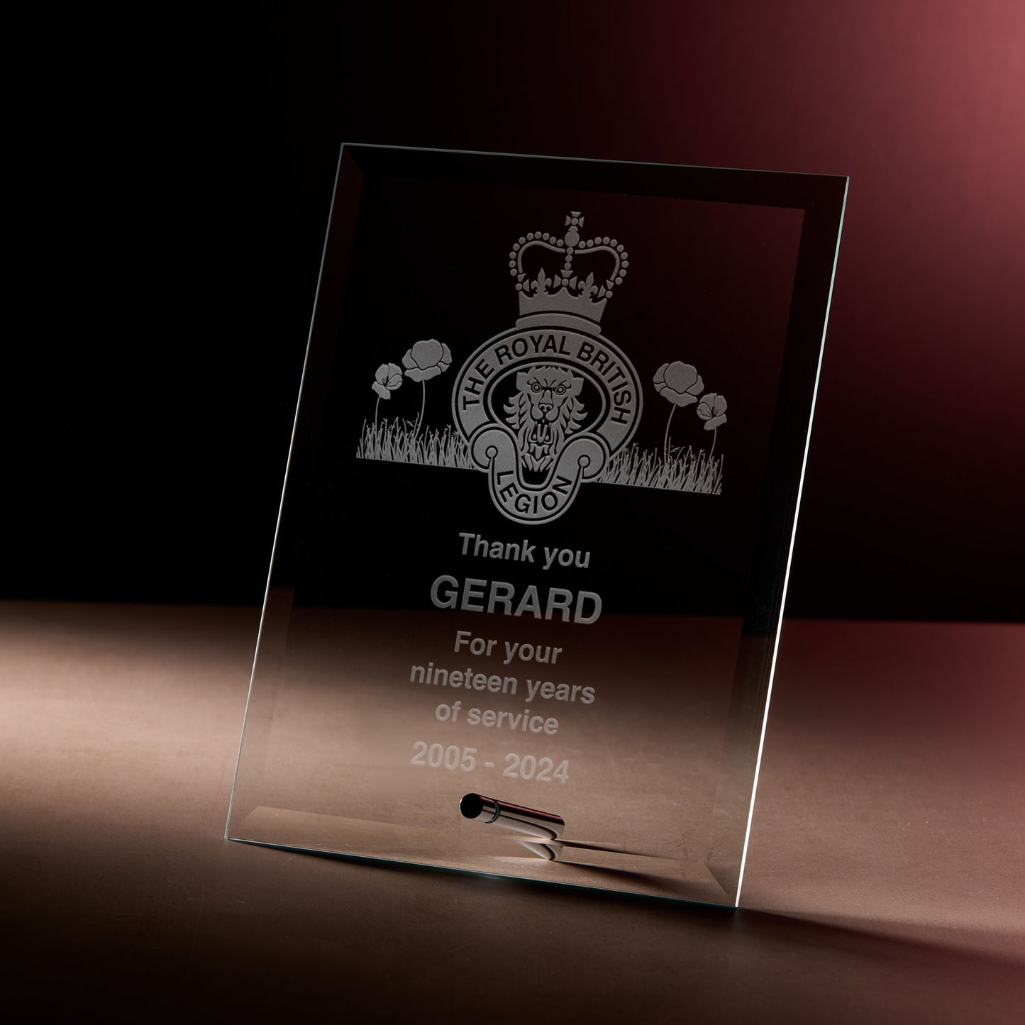 Engraved display plaque with legion crest and personalised text 