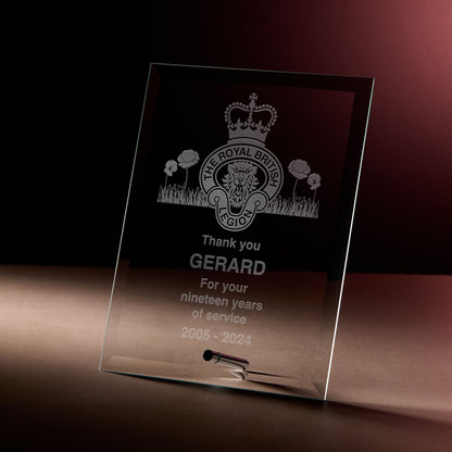 Engraved display plaque with legion crest and personalised text 