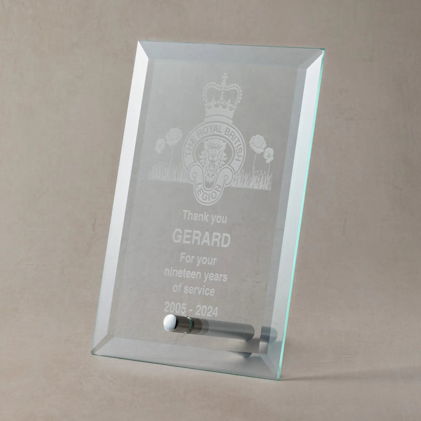 Bevelled glass display plaque with engraved Armed Forces crest, personalised message, name and service dates