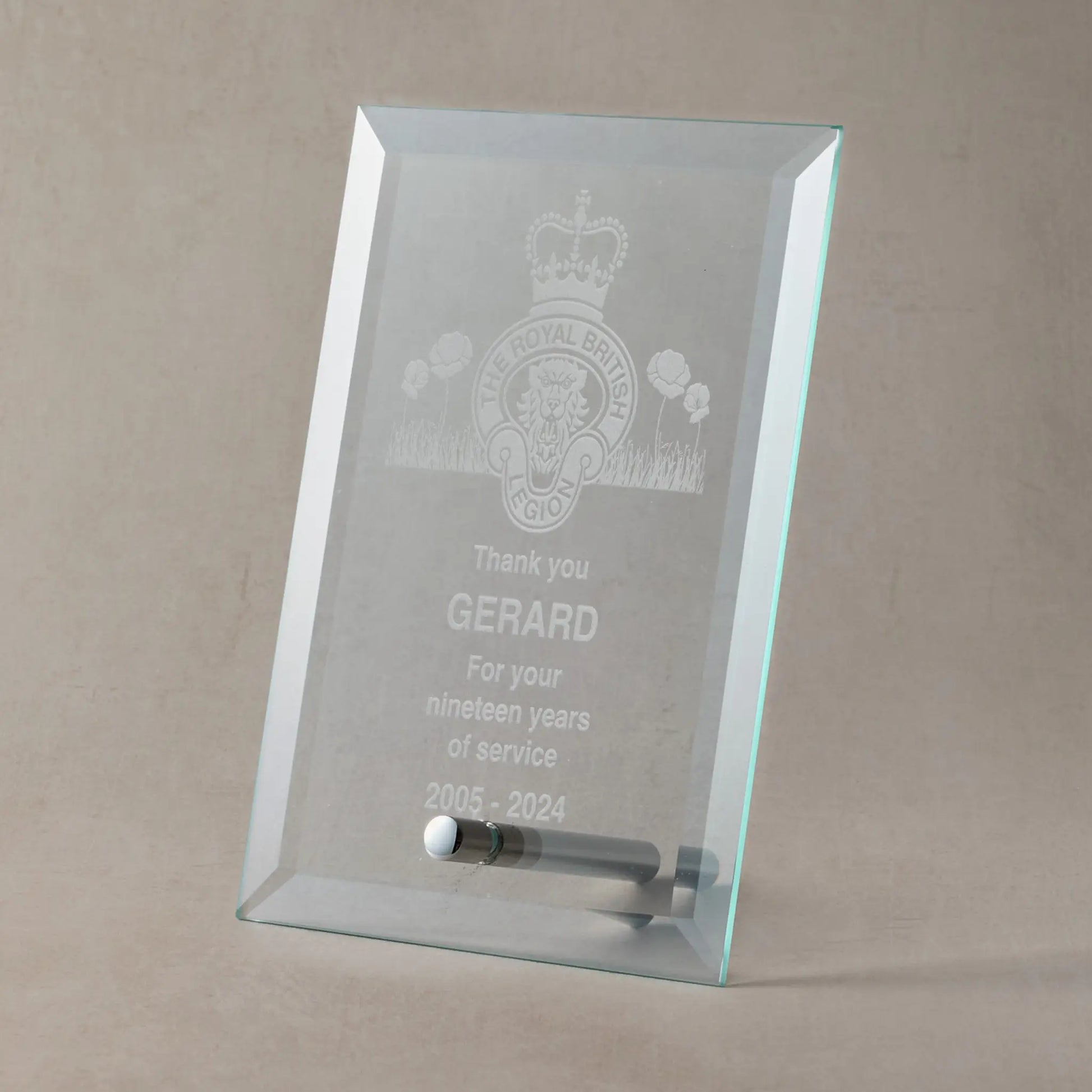 Bevelled glass display plaque with engraved Armed Forces crest, personalised message, name and service dates