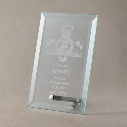 Bevelled glass display plaque with engraved Armed Forces crest, personalised message, name and service dates