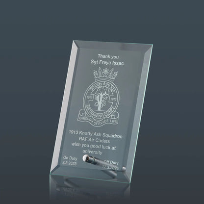 Bevelled glass display plaque engraved with RAF squadron crest, personalised thank you message, name and service dates
