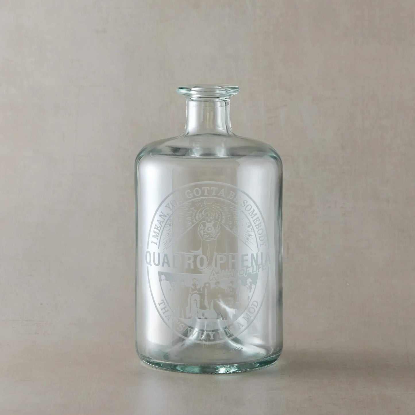 Apothecary decanter engraved with Quadrophenia, featuring Jimmy in the subway, the quote A Way of Life.
