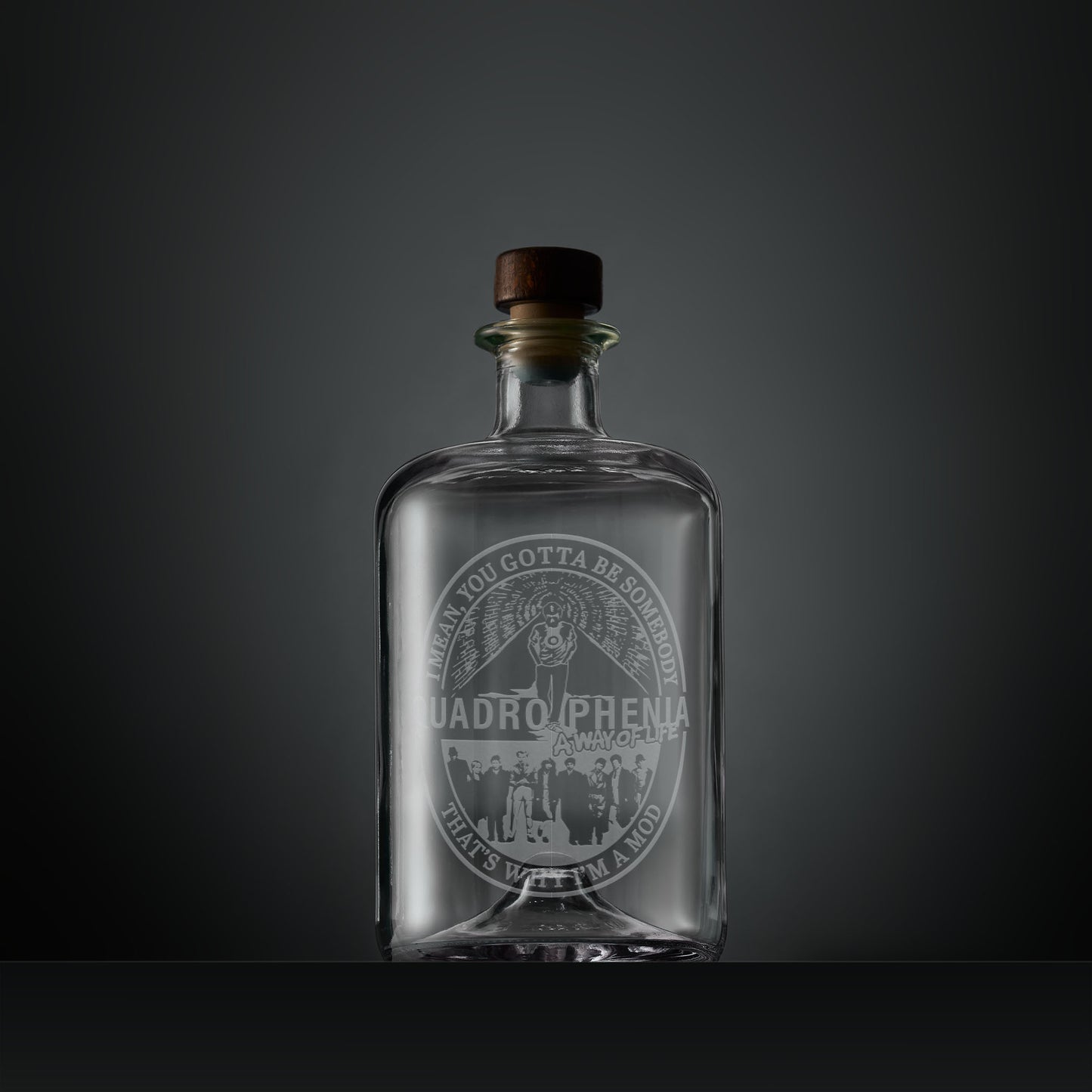Engraved apothecary style decanter with Jimmy, a way of life and MOD design