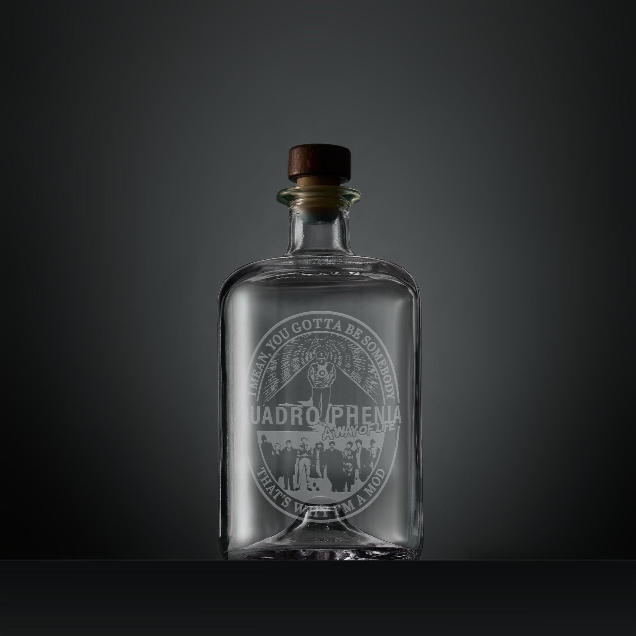Engraved apothecary style decanter with Jimmy, a way of life and MOD design