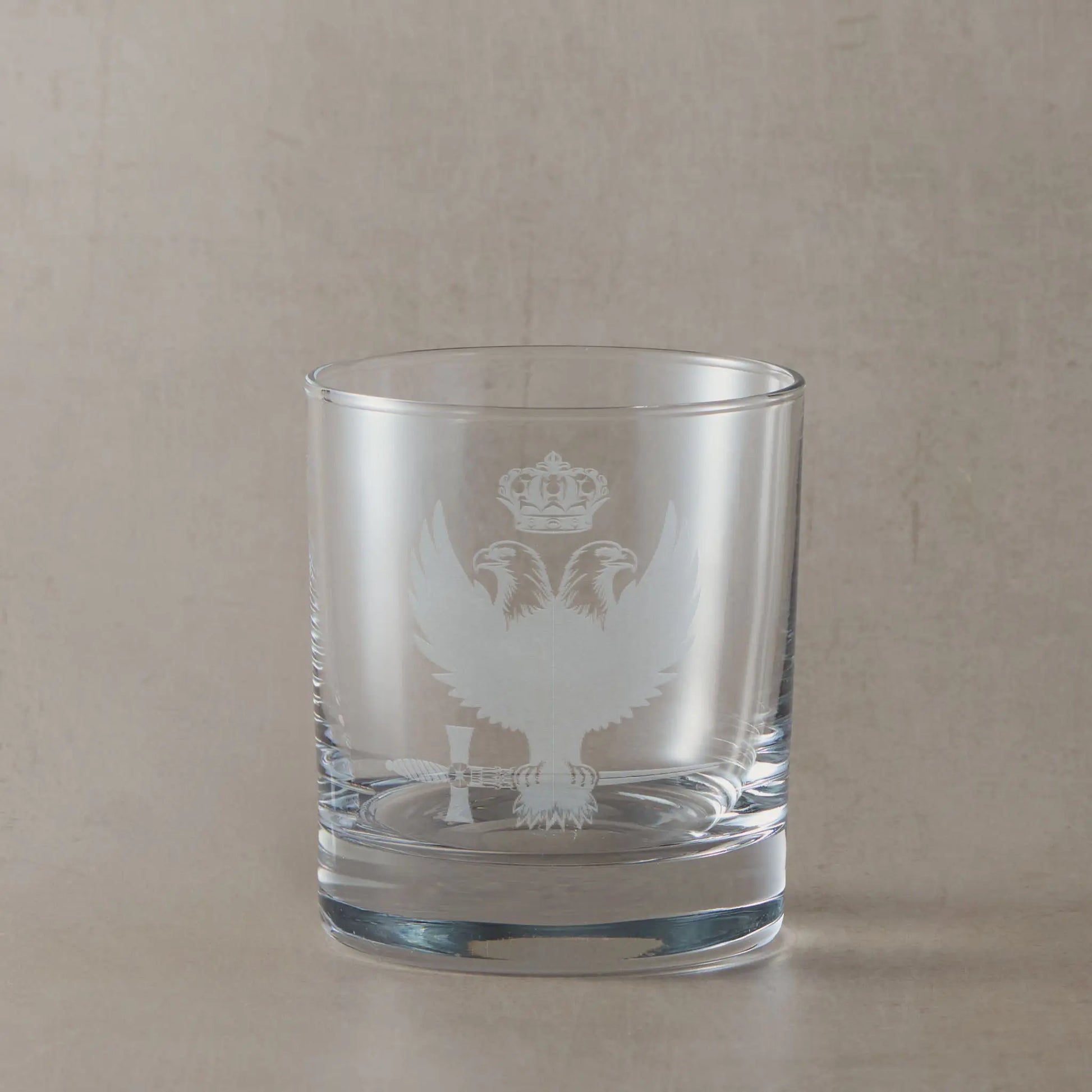 Engraved whisky glass with Rose Croix 30th degree double headed eagle, crown and sword