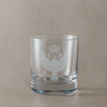 Engraved whisky glass with Rose Croix 30th degree double headed eagle, crown and sword