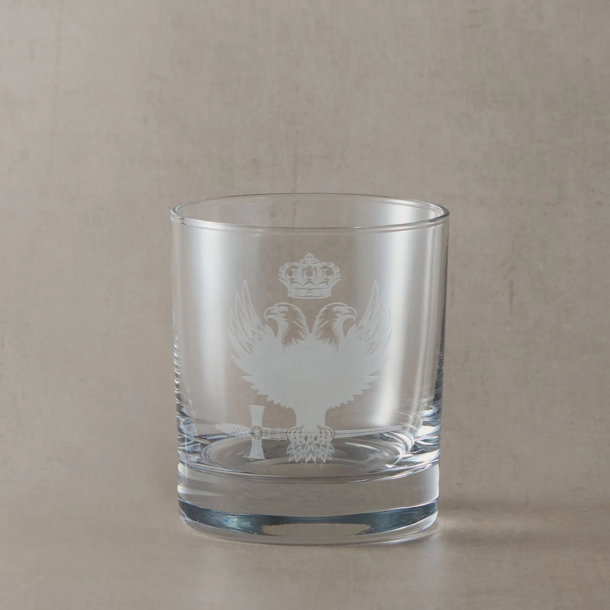Engraved whisky glass with Rose Croix 31st degree double headed eagle, crown and sword