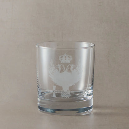 Engraved whisky glass with Rose Croix 31st degree double headed eagle, crown and sword