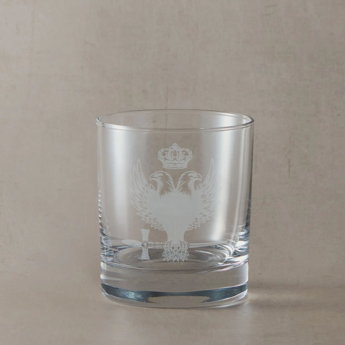 Engraved whisky glass with Rose Croix 32nd degree double headed eagle, crown and sword
