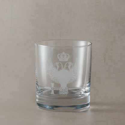 Engraved whisky glass with Rose Croix 32nd degree double headed eagle, crown and sword