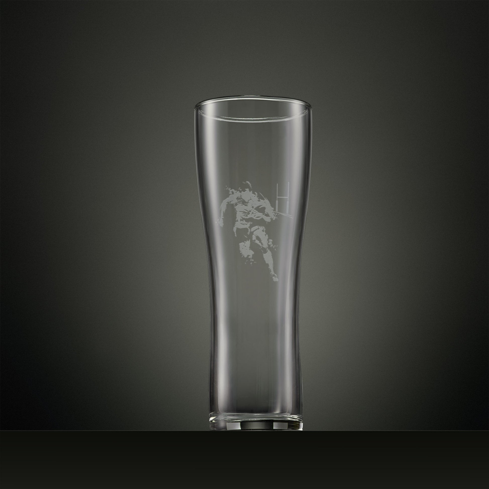 Engraved Pint glass with rugby player, ball and goalposts