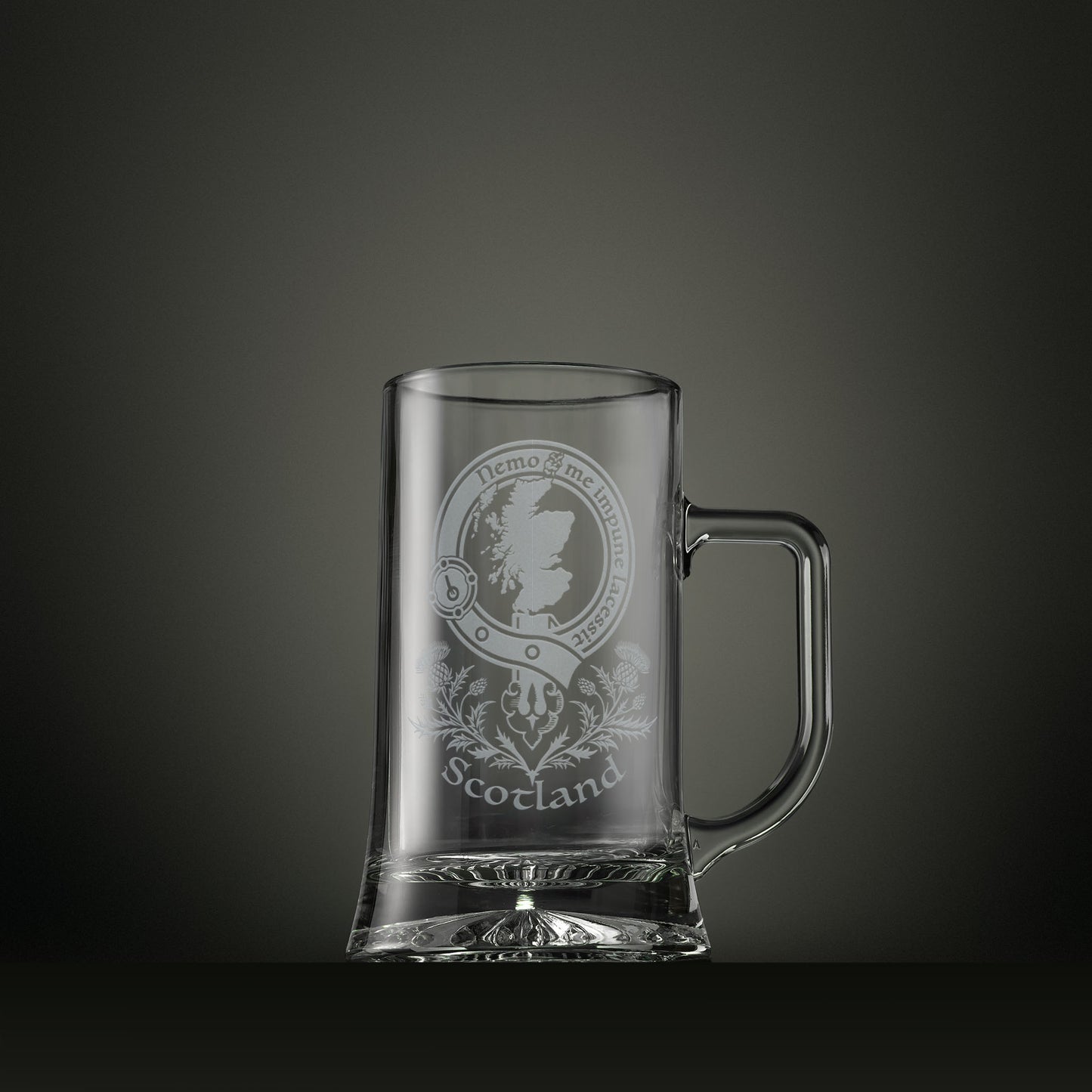 Engraved tankard with Scottish map and clan crest buckle design