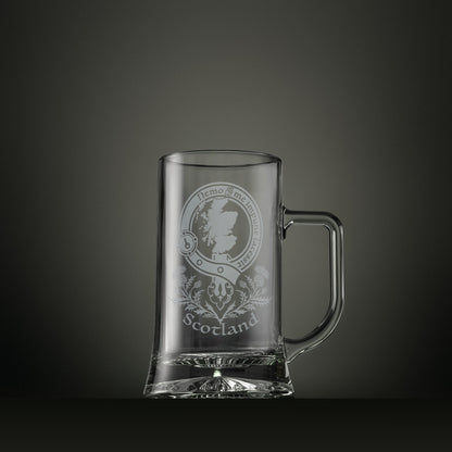 Engraved tankard with Scottish map and clan crest buckle design