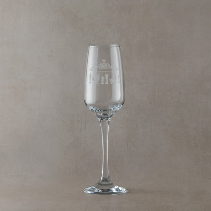 Engraved Prosecco glass with Shankly Gates entrance to Anfield football stadium and trophy silhouettes, shown front-facing.