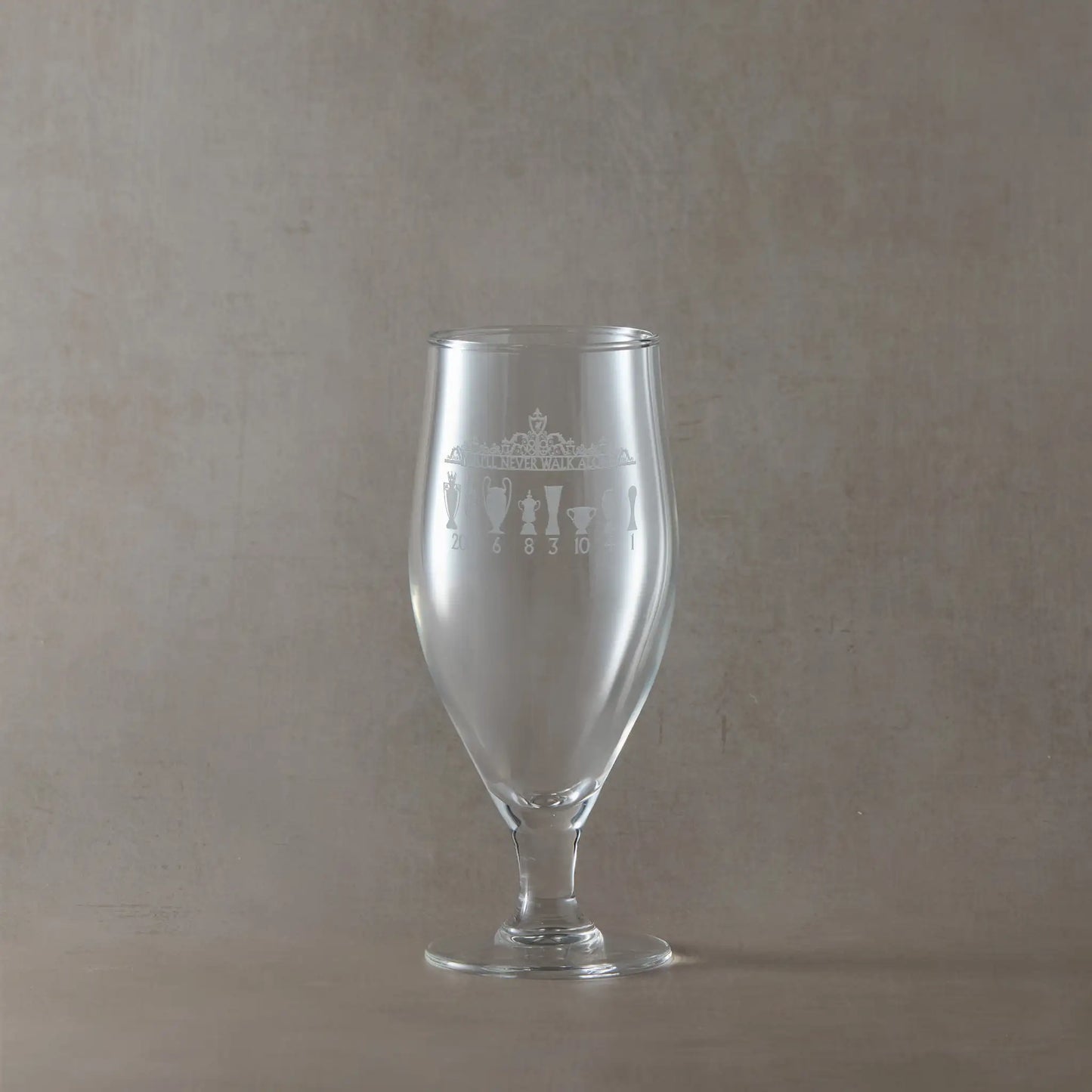 Customised chalice style beer glass engraved with trophies, number and the Shankly gates