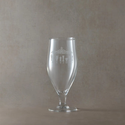 Customised chalice style beer glass engraved with trophies, number and the Shankly gates