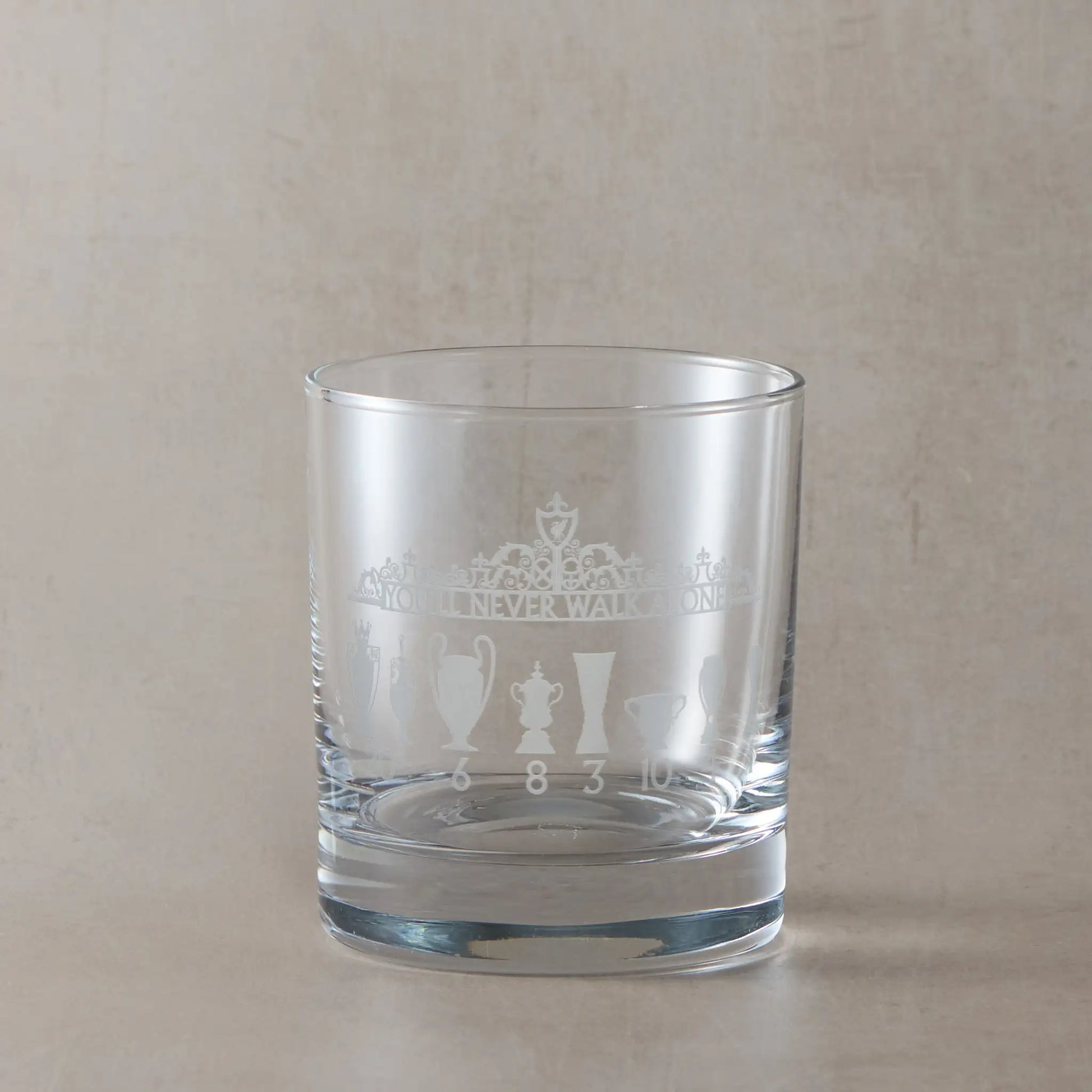 Engraved whisky glass featuring the Shankly Gates ornate ironwork