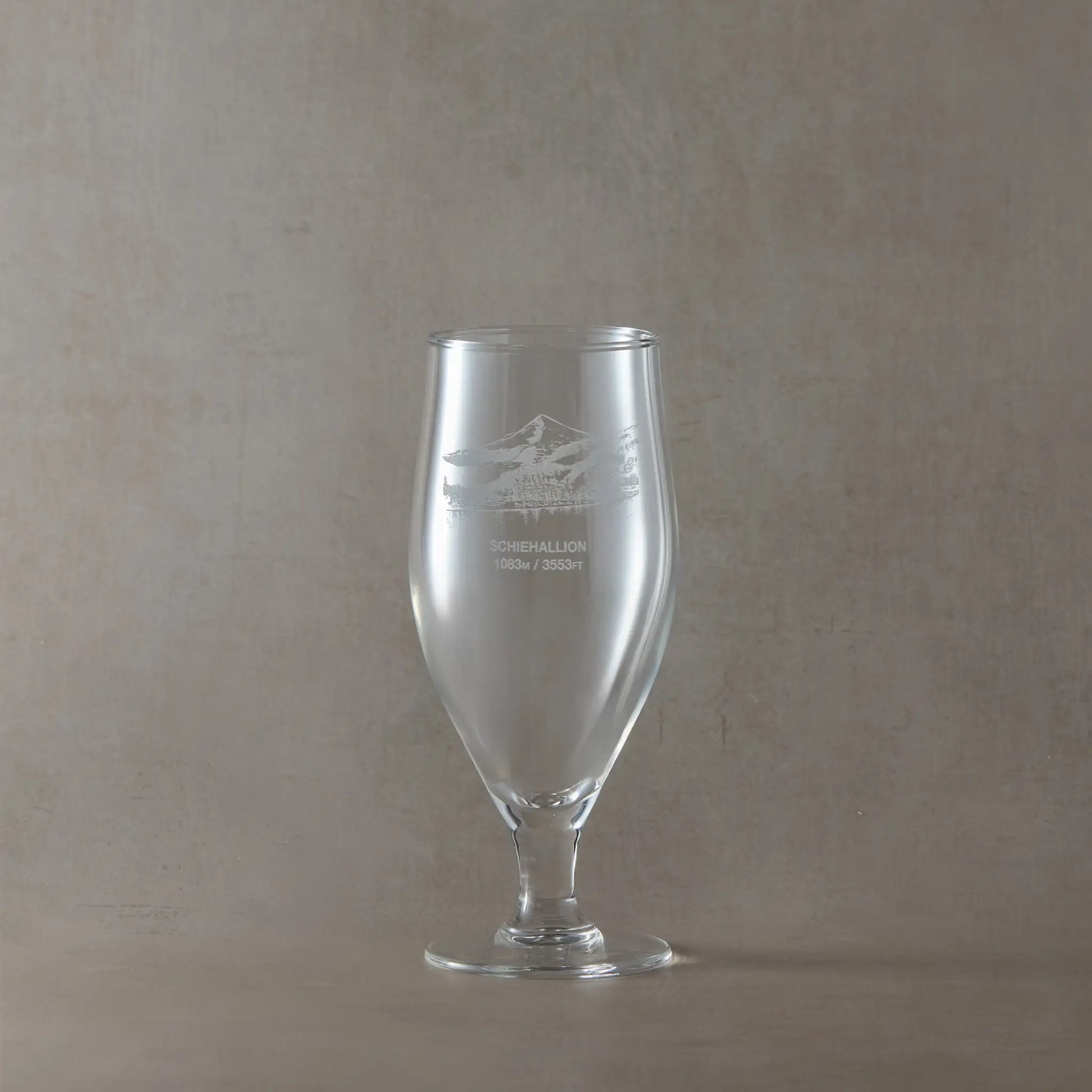 Stemmed chalice style glass engraved with Schiehallion and its height in metres and feet