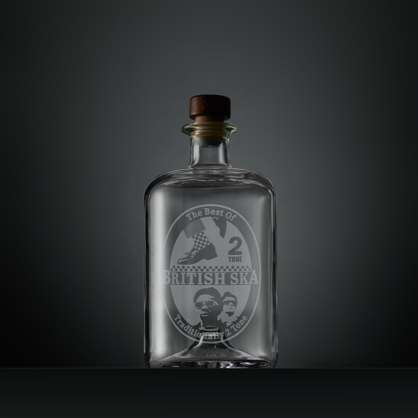 Engraved Apothecary style decanter with ska 2 tone dancing shoes and checkerboard socks design