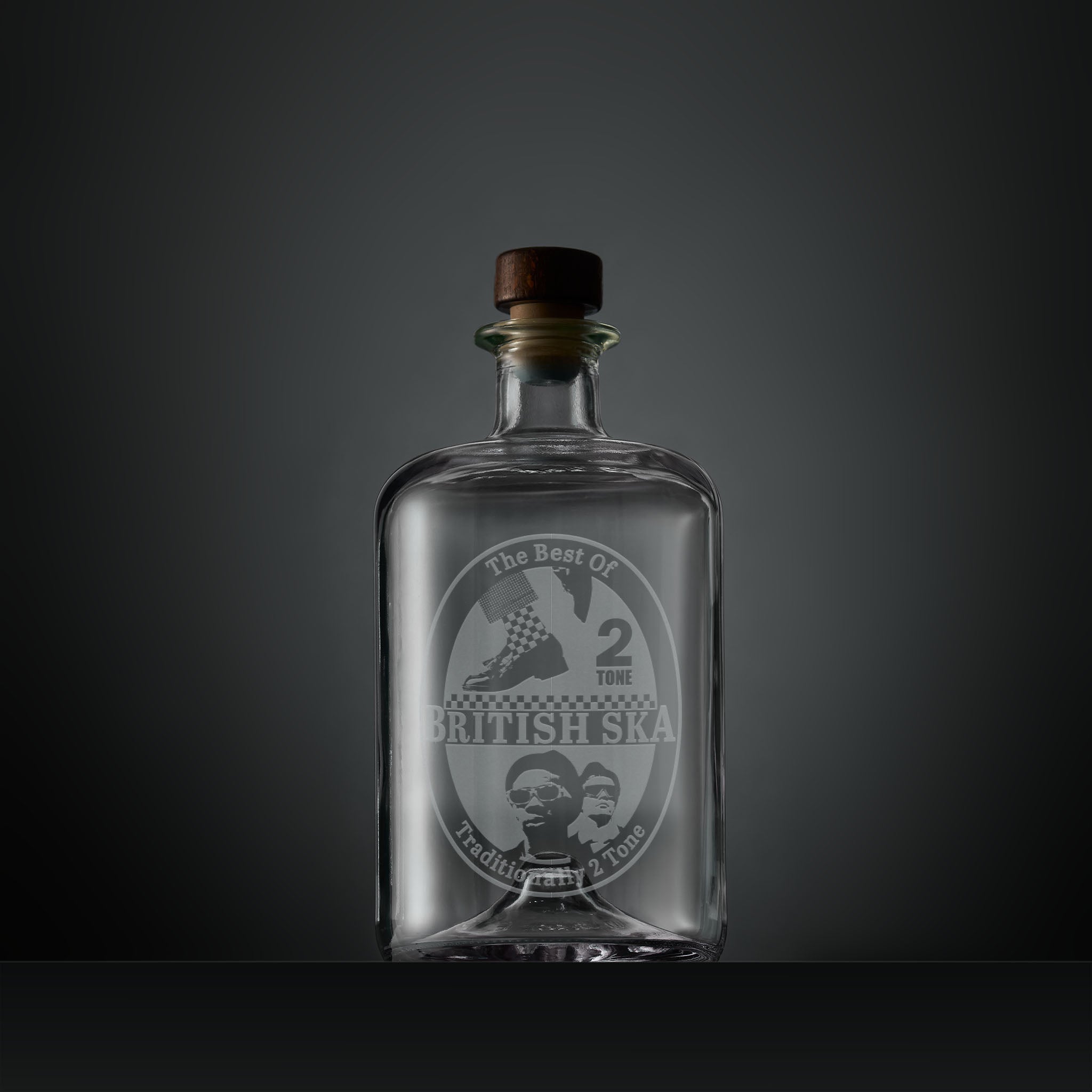 Engraved Apothecary style decanter with ska 2 tone dancing shoes and checkerboard socks design