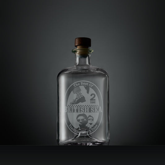 Engraved Apothecary style decanter with ska 2 tone dancing shoes and checkerboard socks design