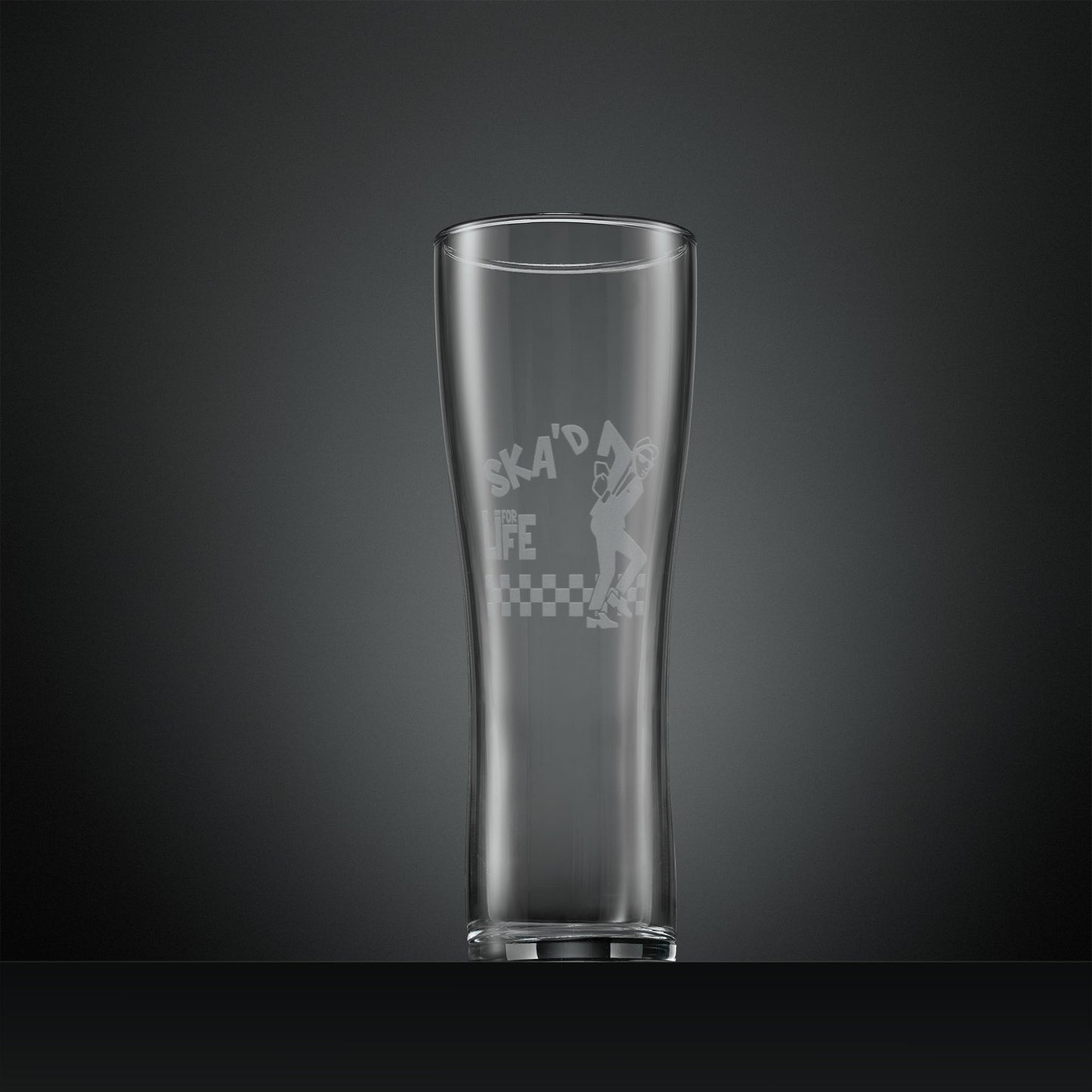 Engraved pint glass with ska 2 tone Walt Jabsco and checkerboard design