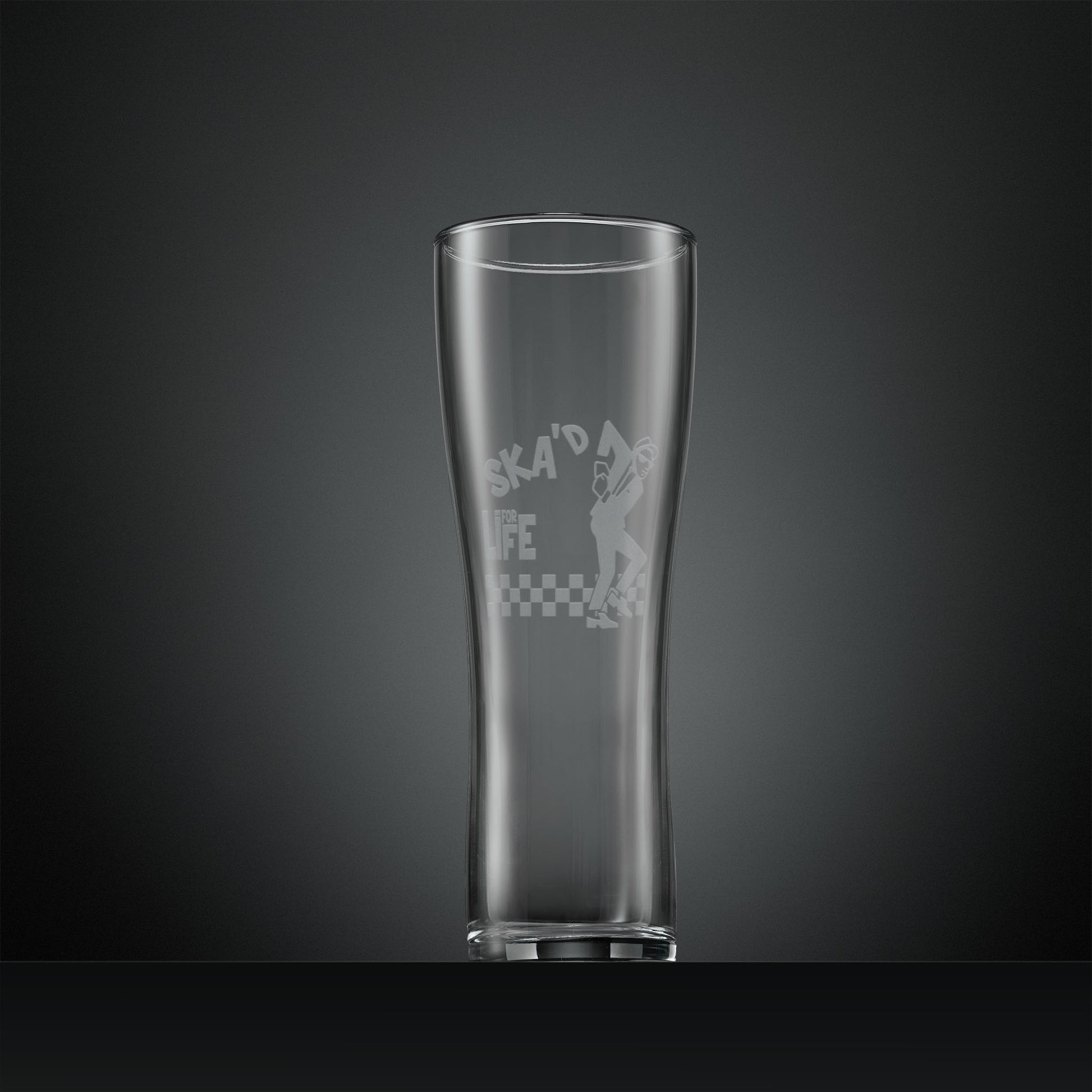 Engraved pint glass with ska 2 tone Walt Jabsco and checkerboard design