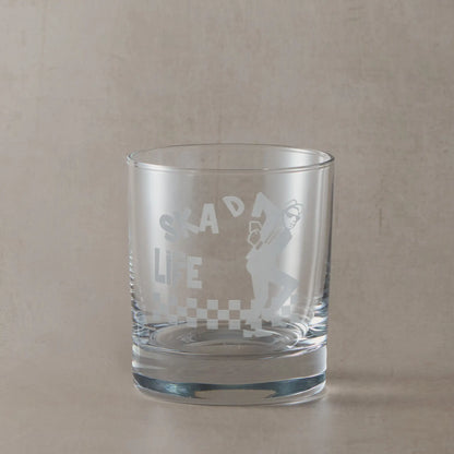 Engraved whisky glass with Ska man, Walt Jabsco dancing on a checkerboard floor, with personalised message
