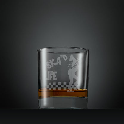 Engraved whisky glass with Ska'd for Life Man and checkerboard design