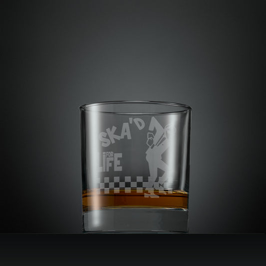 Engraved whisky glass with Ska'd for Life Man and checkerboard design
