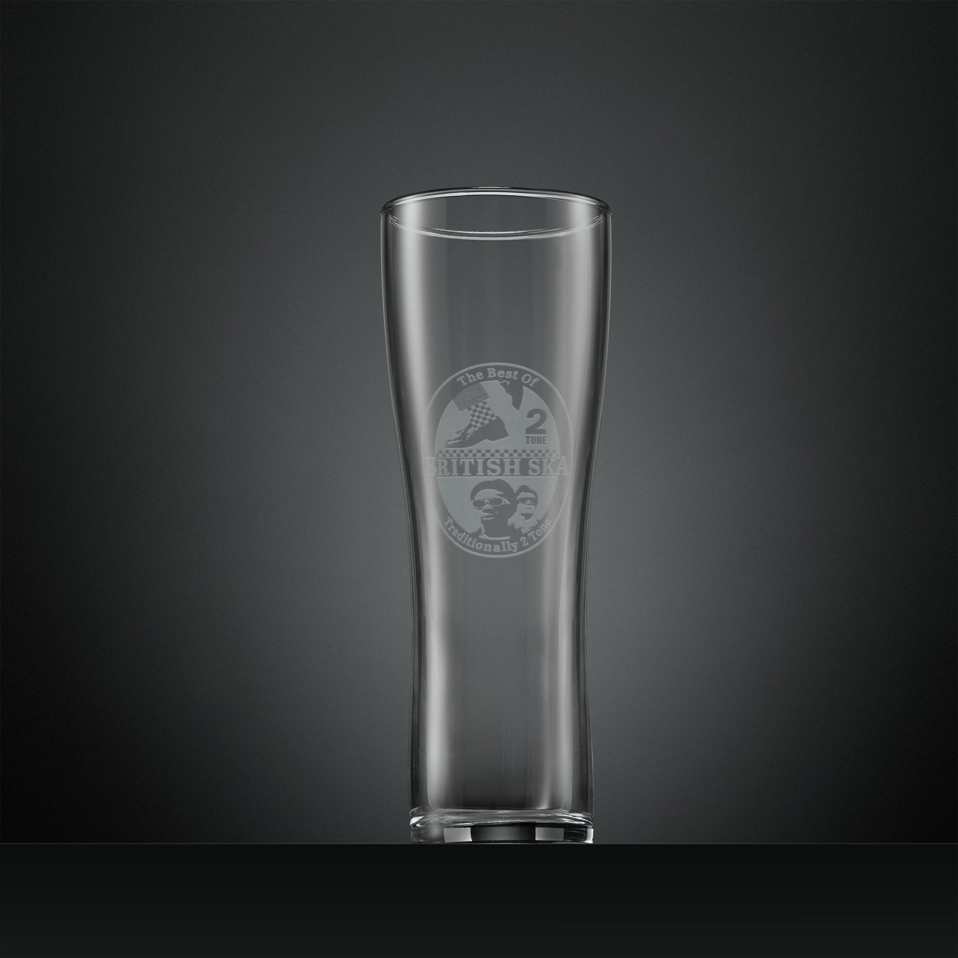 Engraved pint glass with ska 2 tone dancing shoes and checkerboard socks design