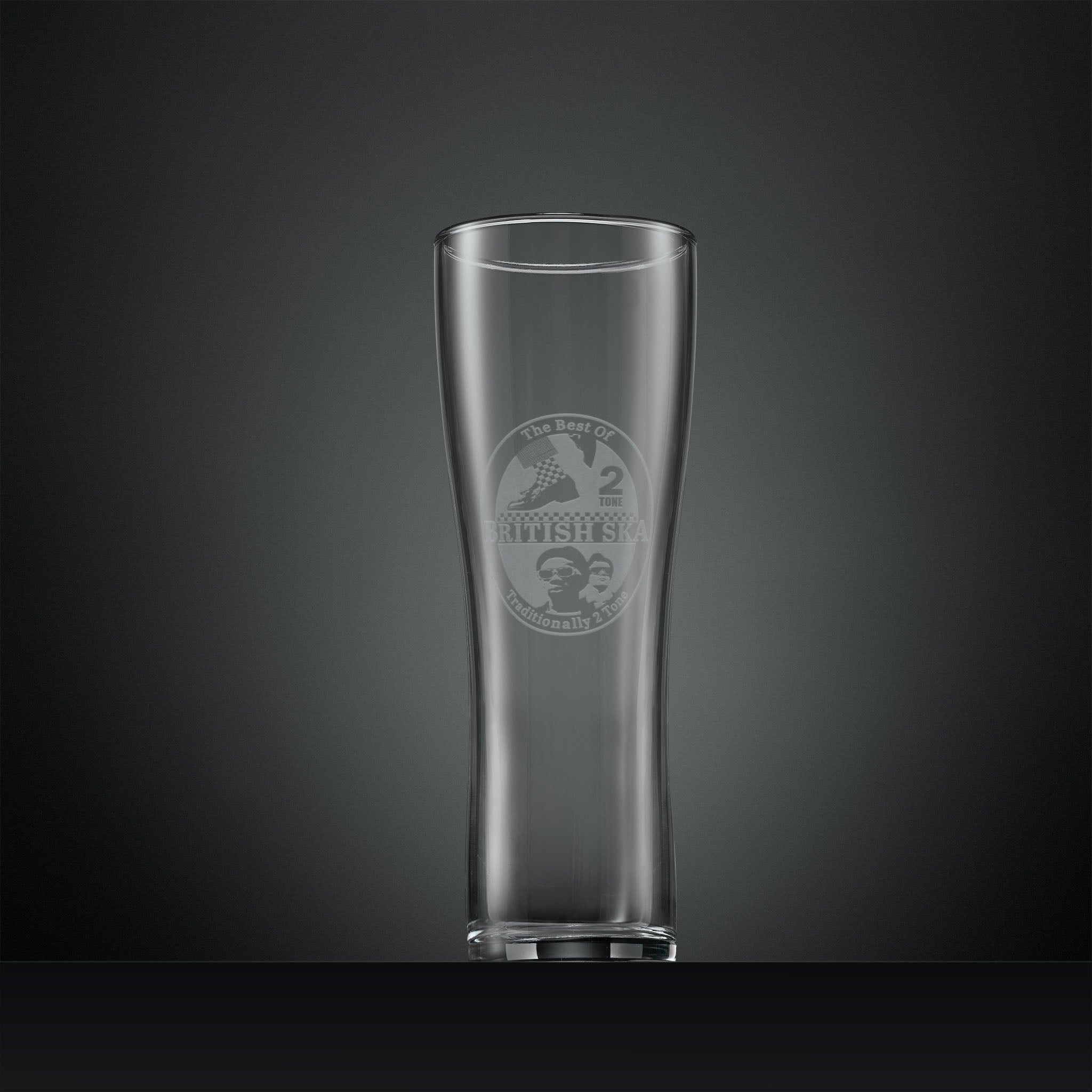 Engraved pint glass with ska 2 tone dancing shoes and checkerboard socks design
