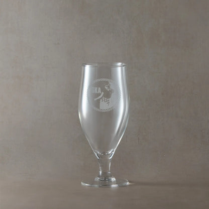 Stemmed chalice beer glass engraved with SKA, an original rude girl design and checkerboard border