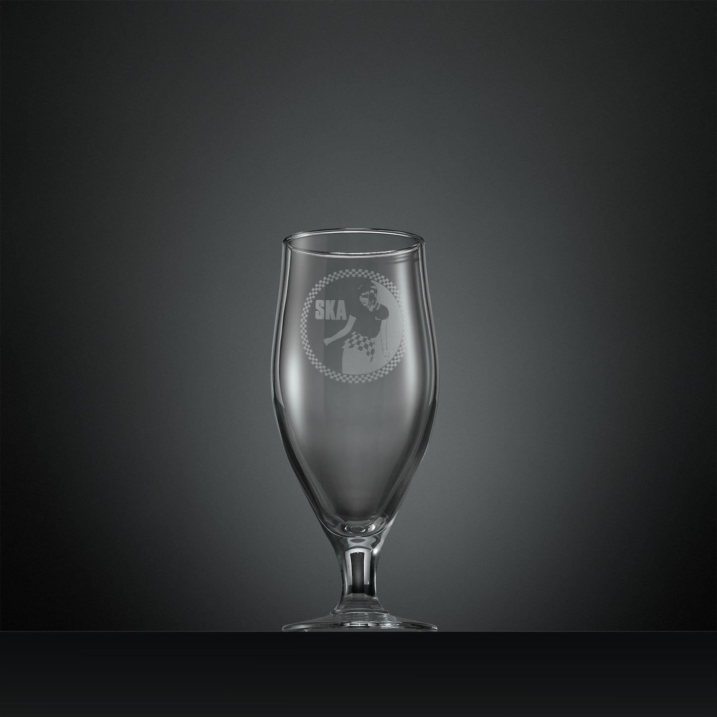 Engraved stemmed beer glass with Ska rude girl facing left and checkerboard design