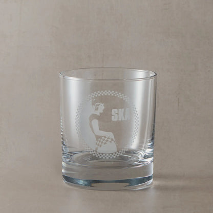 Whisky glass engraved with a Rude Girl in circular design in 2 Tone style