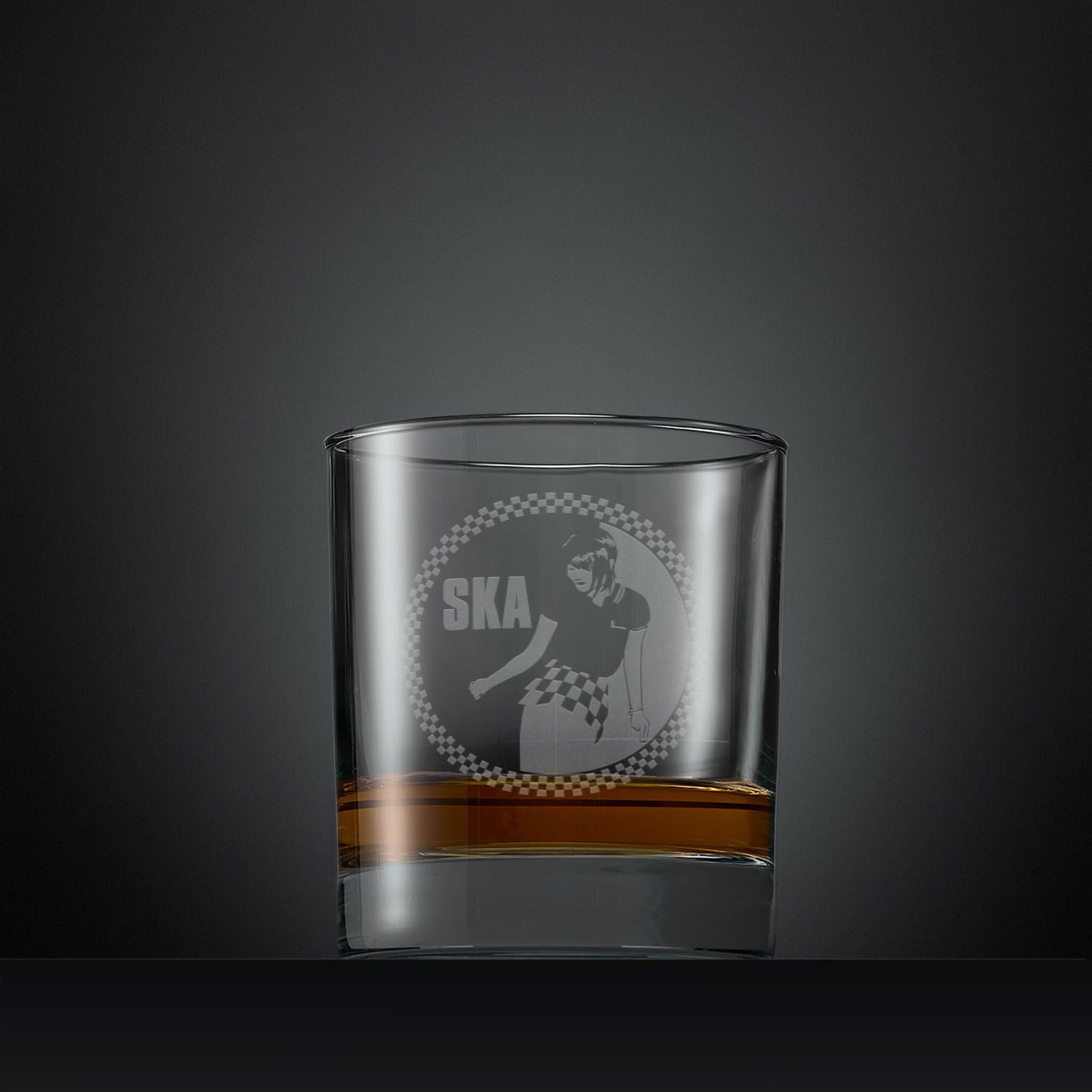 Engraved whisky glass with Ska rude girl facing left and checkerboard design