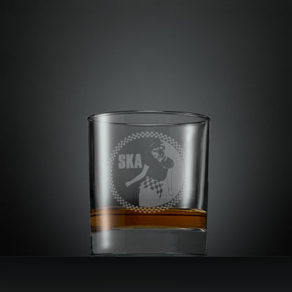 Engraved whisky glass with Ska rude girl facing left and checkerboard design