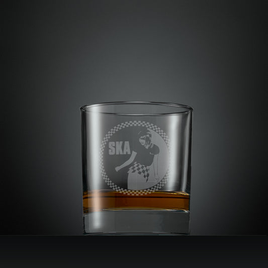 Engraved whisky glass with Ska rude girl facing left and checkerboard design