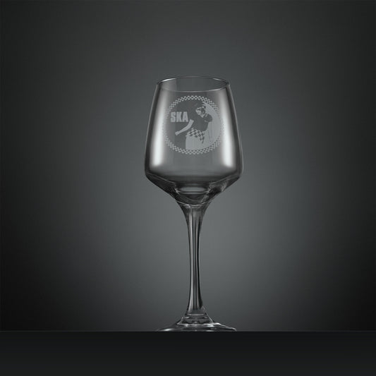 Engraved wine glass with Ska rude girl facing left and checkerboard design