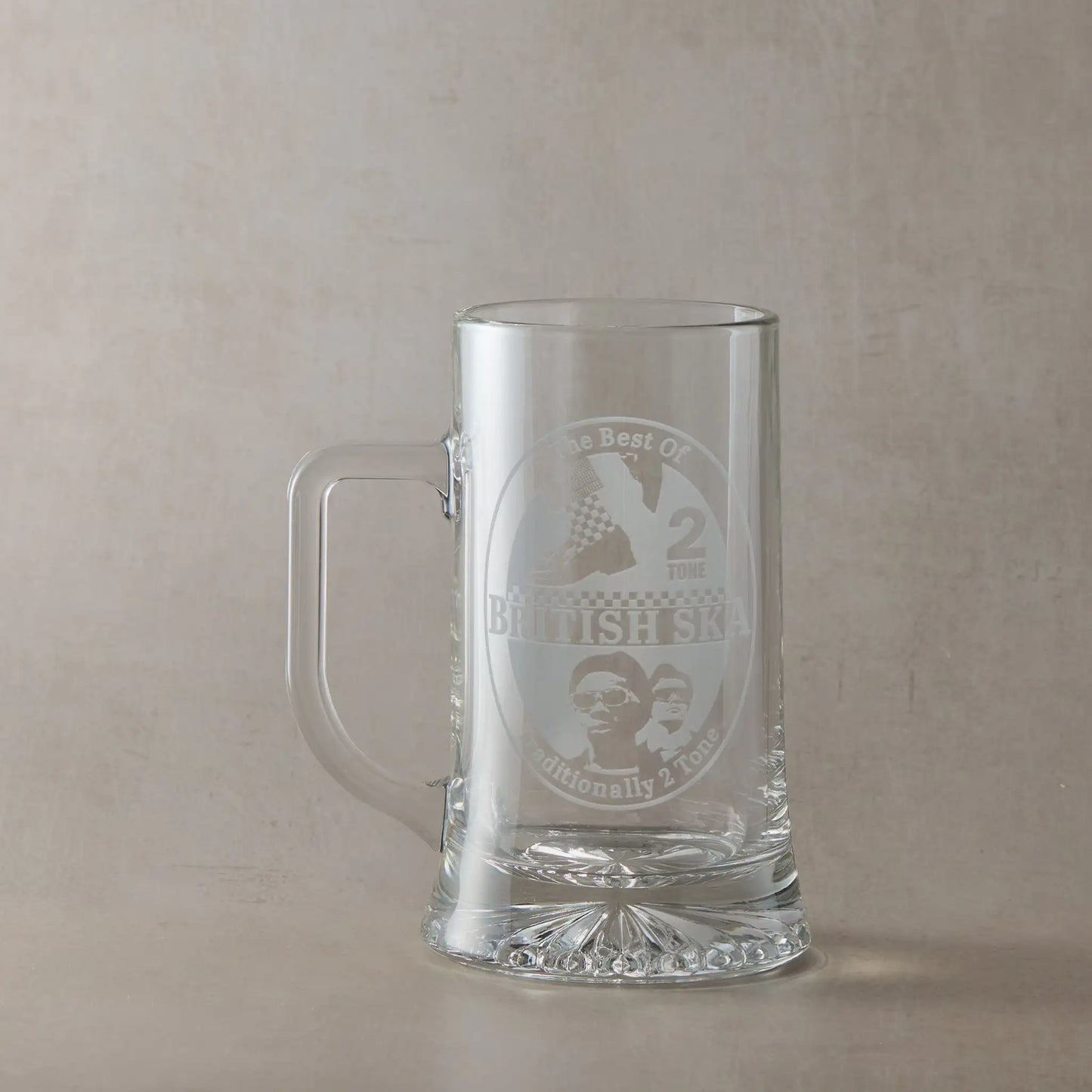 Glass tankard engraved with British SKA, 2 tone and checkerboard sock designs, shown n a neutral background