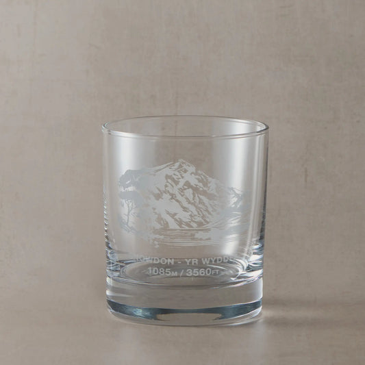 Whisky glass engraved with Yr Wyddfa (Snowdon) and its height in metres and feet