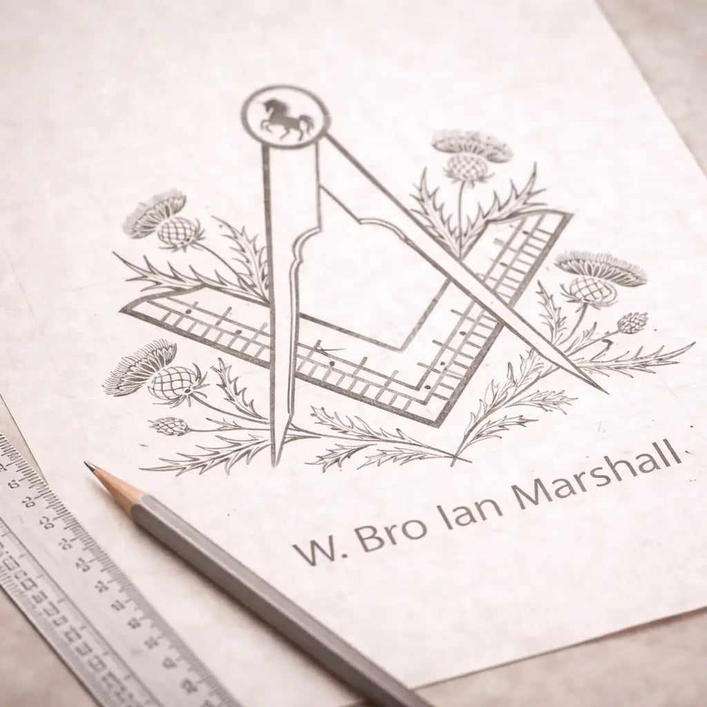 Masonic symbol with Scottish thisles on a piece of paper, featuring the name W. Bro 