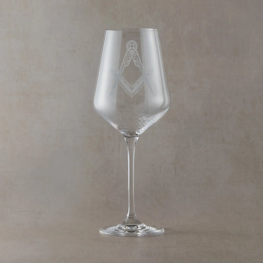 Wine glass engraved with a Masonic square and compass symbol